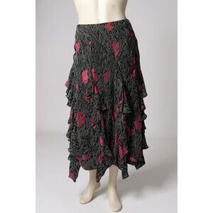 Vintage Y2K Jones New York Floral Silk Ruffle Midi Skirt Black & Pink Size 4